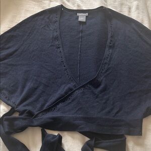 Ann Taylor Navy Wrap V‑Neck Tie Sweater